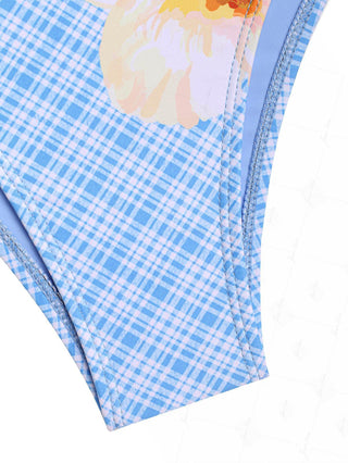 Light Blue Plaid Floral Lace Up Side Coverage Bikini Bottom