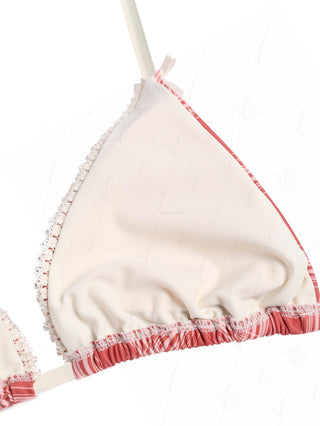 Red Vintage Plaid Lace Bowknot Halter Triangle Bikini Top