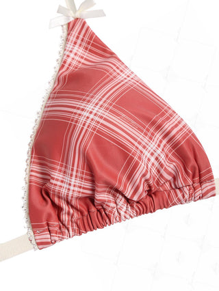 Red Vintage Plaid Lace Bowknot Halter Triangle Bikini Top