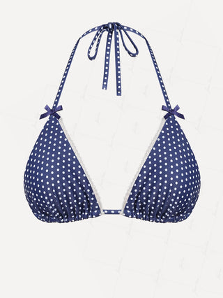 Deep Blue Polka Dots Lace Bowknot Halter Triangle Bikini Top
