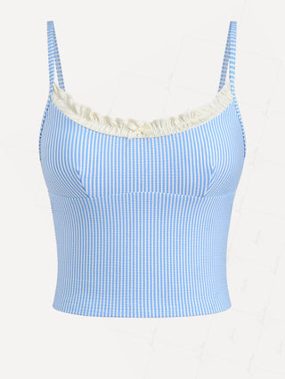 Light Blue Striped Spliced Ruched Ruffles Bowknot Tankini Top
