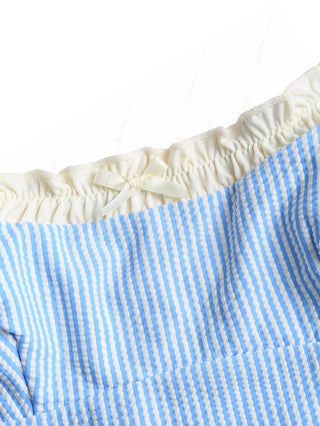 Light Blue Striped Spliced Ruched Ruffles Bowknot Tankini Top