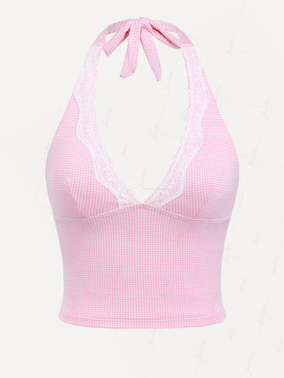 Light Pink Knitted Plaid Lace Plunging Neck Halter Tankini Top