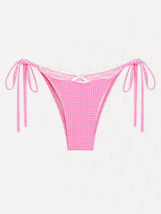 Light Pink Bubble Grid Lace Bowknot Tie Side Cheeky Bikini Bottom