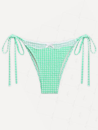 Green Bubble Grid Lace Bowknot Tie Side Bikini Bottom