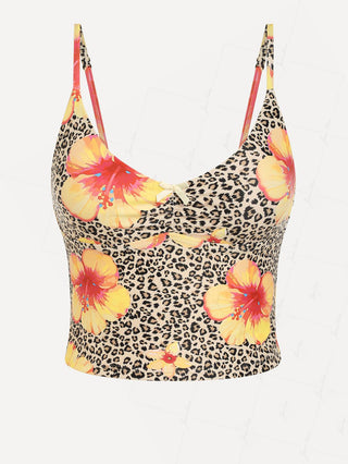 Leopard Floral Print Bowknot Tankini Top
