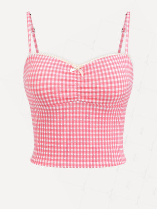 Red Bubble Grid Lace Bowknot Tankini Top
