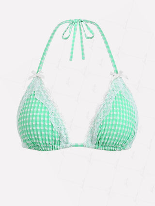 Green Bubble Grid Lace Bowknot Halter Triangle Bikini Top