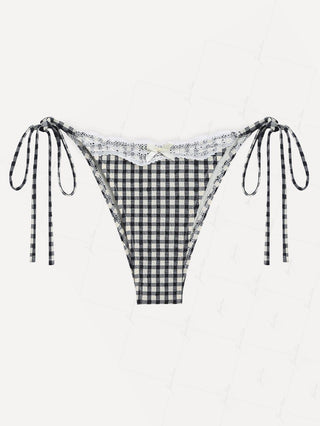 Black Plaid Lace Bowknot Tie Side Bikini Bottom