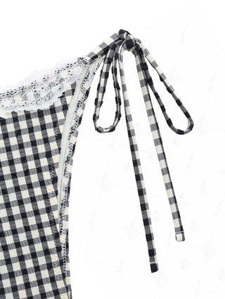 Black Plaid Lace Bowknot Tie Side Bikini Bottom