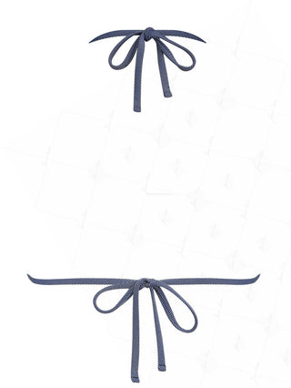 Deep Blue Denim Lace Bowknot Halter Triangle Bikini Top