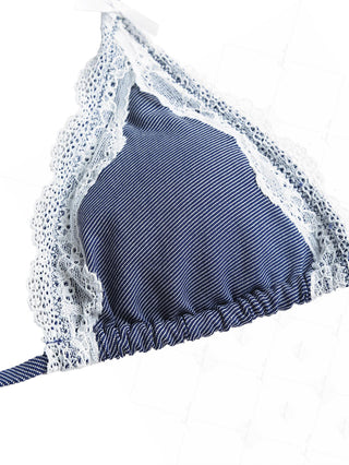 Deep Blue Denim Lace Bowknot Halter Triangle Bikini Top
