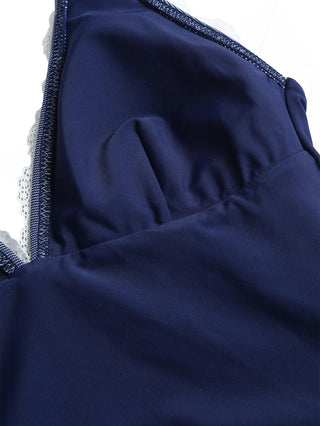 Deep Blue Denim Lace Plunging Neck Halter Tied Tankini Top