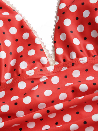 Vintage RedPolka Dot Ruched Lace Halter Tied Mini Swim Dress