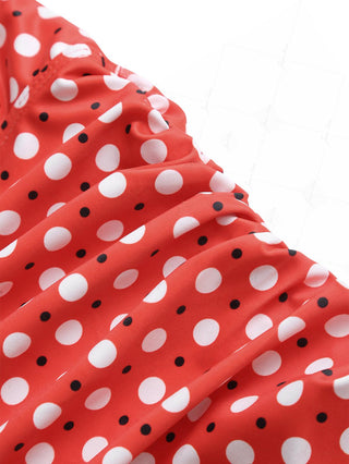 Vintage RedPolka Dot Ruched Lace Halter Tied Mini Swim Dress