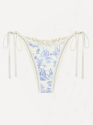 Crystal Cream Toile de Jouy Spliced Ruched Ruffles Bikini Bottom
