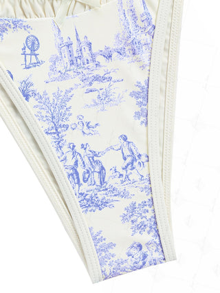 Crystal Cream Toile de Jouy Spliced Ruched Ruffles Bikini Bottom