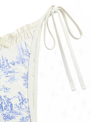 Crystal Cream Toile de Jouy Spliced Ruched Ruffles Bikini Bottom