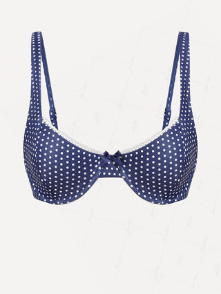 Deep Blue Polka Dot Lace Bowknot Underwire Bikini Top