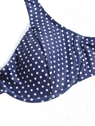 Deep Blue Polka Dot Lace Bowknot Underwire Bikini Top
