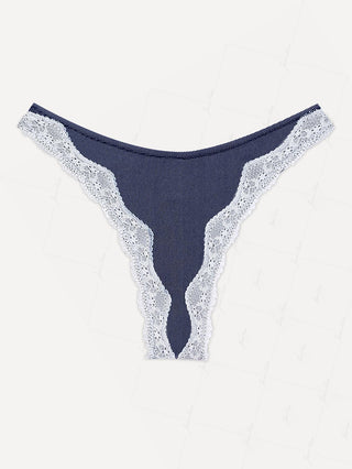 Deep Blue Denim Fabric Contrast Lace Thong Bikini Bottom