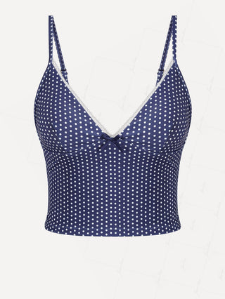 Deep Blue Polka Dot Lace Bowknot Tankini Top