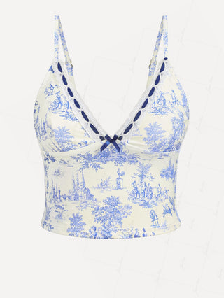 Crystal Cream Toile de Jouy Lace Plunging Neck Tankini Top