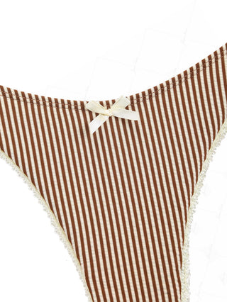 Coffee Striped Lace Bowknot Halter Triangle Cheeky Bikini Set