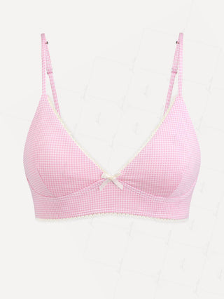 Light Pink Knitted Plaid Lace Bowknot Bikini Top
