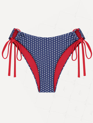 Deep Blue Polka Dot Contrast Cinched Tie Side Hipster Bikini Bottom