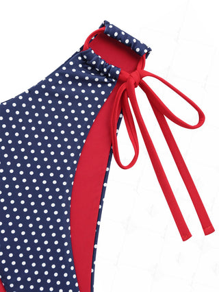 Deep Blue Polka Dot Contrast Cinched Tie Side Hipster Bikini Bottom