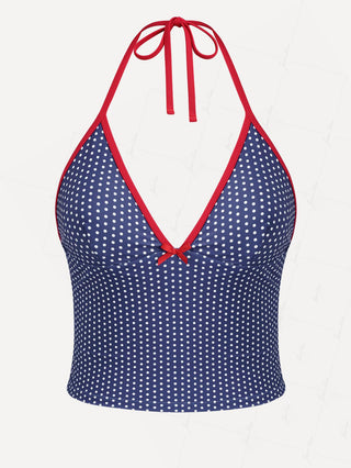 Deep Blue Polka Dot Contrast Bowknot Halter Tied Tankini Top