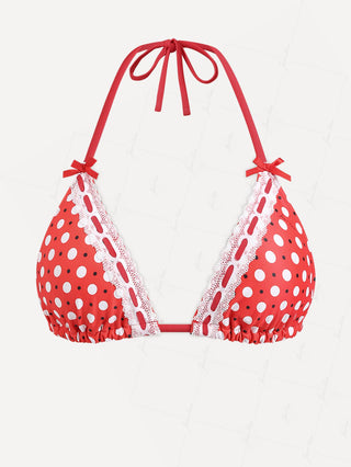 Vintage Red Polka Dot Lace Bowknot Halter Triangle Bikini Top