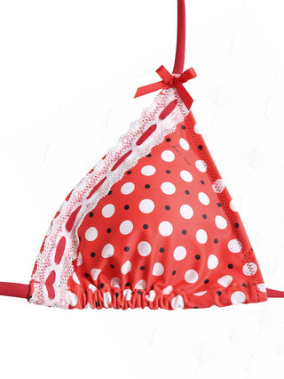 Vintage Red Polka Dot Lace Bowknot Halter Triangle Bikini Set