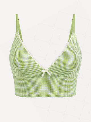 Green Gingham Lace Bowknot Plunging Neck Tankini Top