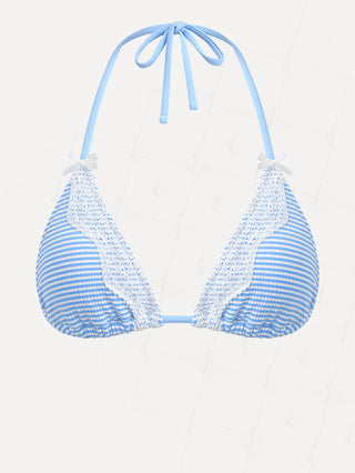 Light Blue Striped Contrast Lace Bowknot Halter Triangle Bikini Top