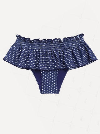 Deep Blue Polka Dot Smocked Ruffles Peplum Skirted Bikini Bottom