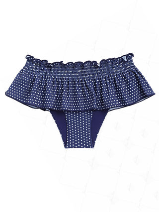 Deep Blue Polka Dot Smocked Ruffles Peplum Skirted Bikini Bottom