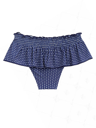 Deep Blue Polka Dot Smocked Ruffles Peplum Skirted Bikini Bottom