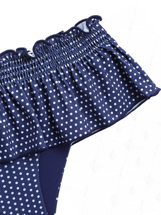 Deep Blue Polka Dot Smocked Ruffles Peplum Skirted Bikini Bottom