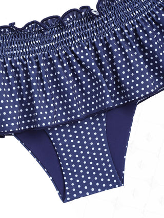 Deep Blue Polka Dot Smocked Ruffles Peplum Skirted Bikini Bottom