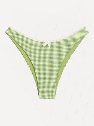 Janexswim Green Knitted Plaid Contrast Lace Bowknot Cheeky Bikini Bottom