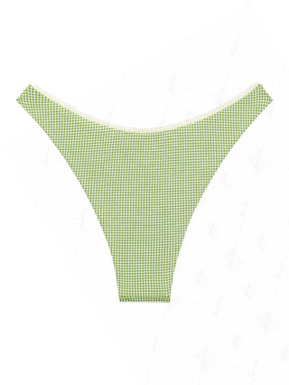 Janexswim Green Knitted Plaid Contrast Lace Bowknot Cheeky Bikini Bottom