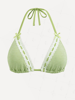 Green Gingham Lace Bowknot Halter Triangle Bikini Top