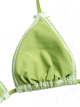 Green Gingham Lace Bowknot Halter Triangle Bikini Top