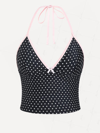 Black Polka Dot Print Bowknot Halter Tankini Top