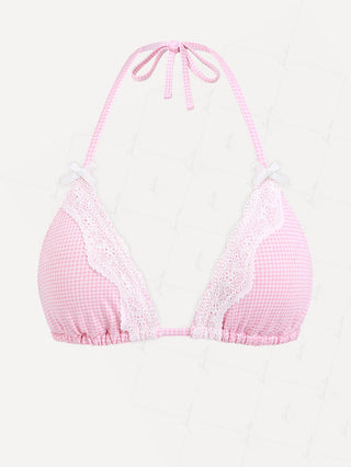 Light Pink Knitted Plaid Contrast Lace Bowknot Halter Triangle Bikini Top