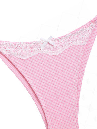 Light Pink Knitted Plaid Contrast Lace Bowknot Tie Side Brazilian Bikini Bottom