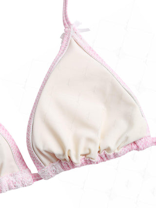 Light Pink Knitted Plaid Contrast Lace Bowknot Halter Triangle Bikini Top