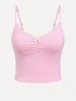 Light Pink Knitted Plaid Lace Bowknot Tankini Top